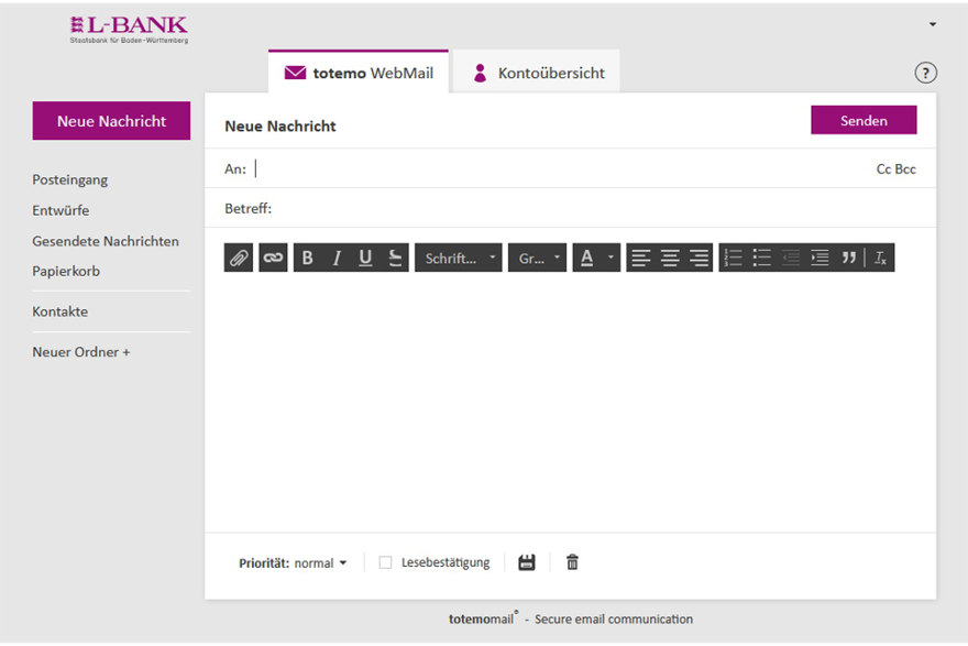 Screenshot der Maske zum Schreiben einer neuen Nachricht in der Webmail-Anwendung